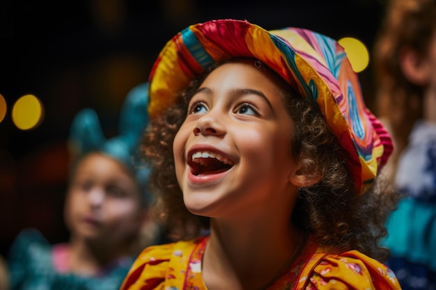 A group of children's theater students enthusiastically rehearsing a lively musical number