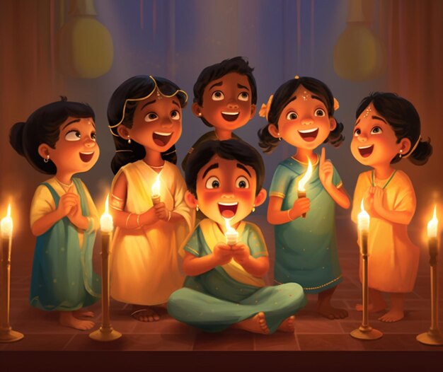 Photo a group of children singing traditional diwali song