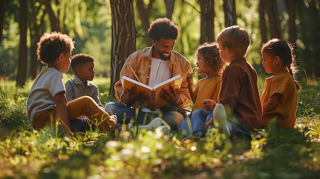 한 무리의 아이들이 공원에서 한 남자를 둘러싸고 원으로 앉아 있습니다. 그 남자는 아이들에게 책을 읽고 있습니다. 아이들은 모두 주의 깊게 듣고 있습니다.