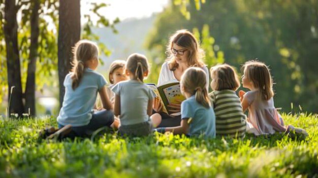 A group of children sit in a circle around a teacher in a park The teacher is reading a book to the children The children are listening attentively