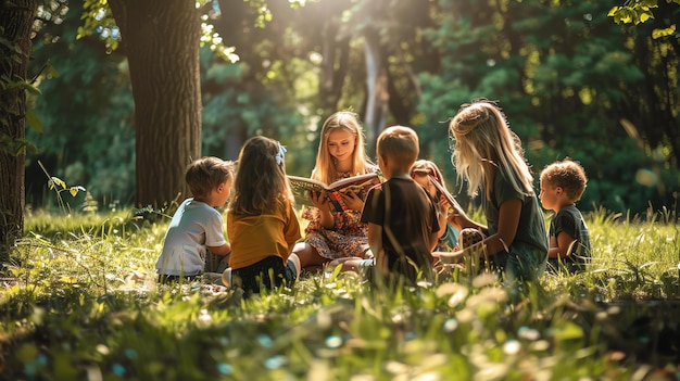 Группа детей сидит в кругу вокруг молодой женщины, когда она читает книгу вслух. Они сидят на одеяле в парке, окруженном деревьями.
