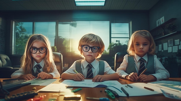 A group of children sit at a desk with their pencils and a book on the table.