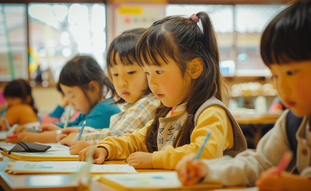 Photo a group of children sit in front of a classroom
