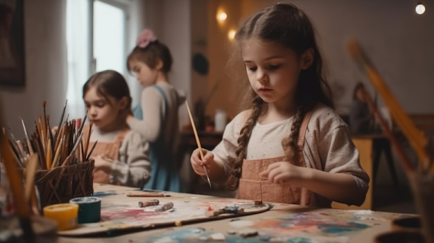 A group of children sit at a table, painting, and the word art on the front of the picture.