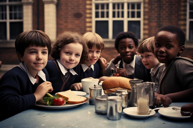 Premium AI Image | A group of children sit at a table with food and drinks.
