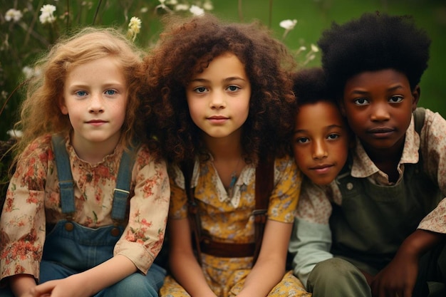 Foto un gruppo di bambini si siede insieme e uno di loro ha un fiore nei capelli