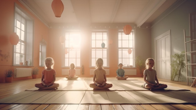 A group of children sit in a yoga class, with the sun shining through the windows.