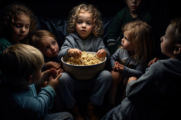 A group of children sitting around a bowl of food