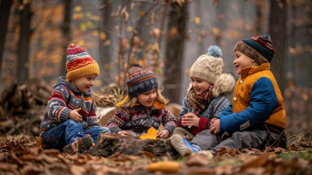 A group of children sitting on the forest floor surrounded by trees and nature