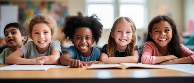 Photo a group of children sitting at a table in a classroom