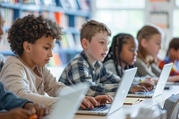 A group of children sitting at a table with laptops