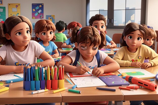 Group of children sitting at a table with markers crayons and colored cardboard