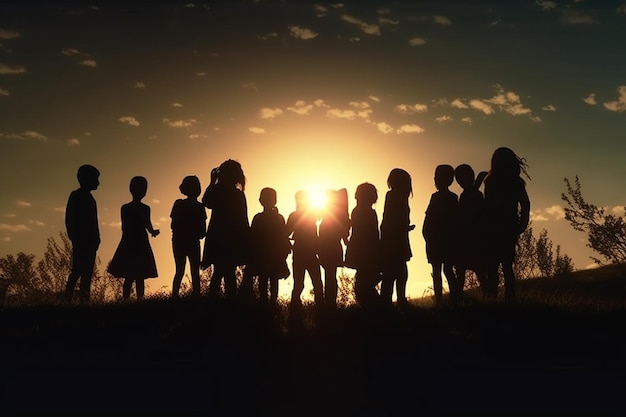 A group of children stand in a field at sunset.