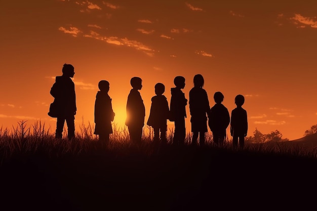 A group of children stand in a line in front of a sunset.