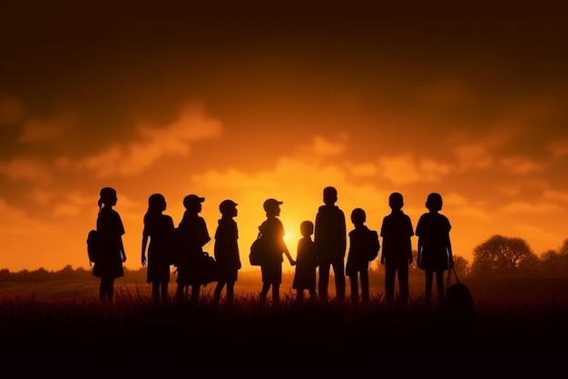 A group of children stand in a line in front of a sunset.
