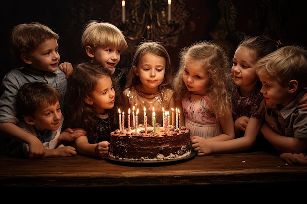 照らされたキャンドルでケーキの周りに立っている子供たちのグループ