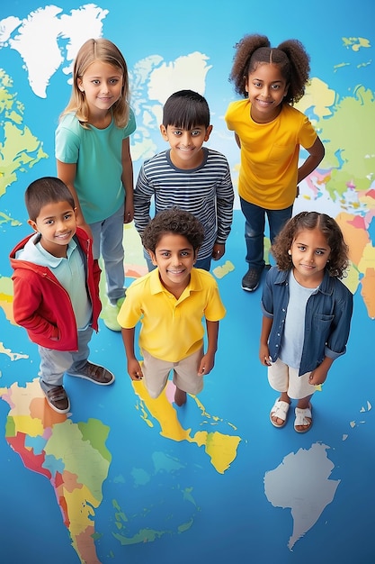 世界地図の周りに立っている子供たちのグループ