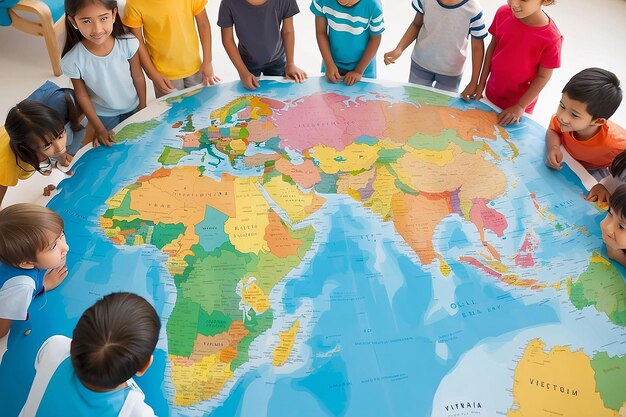 Group of Children Standing around World Map