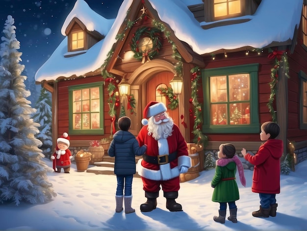 a group of children standing in front of a house with santa claus