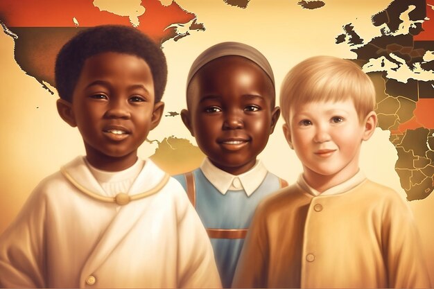 A group of children standing in front of a map of the world ai generative image