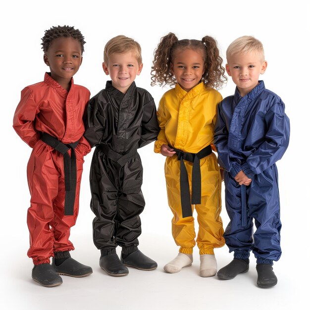 Photo a group of children standing in a line wearing rain gear