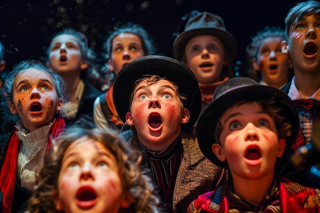 Foto gruppo di bambini in costume teatrale che esprimono sorpresa e stupore sul palco