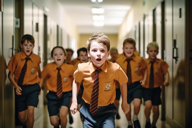 A group of children wearing school uniforms with the word school on the front