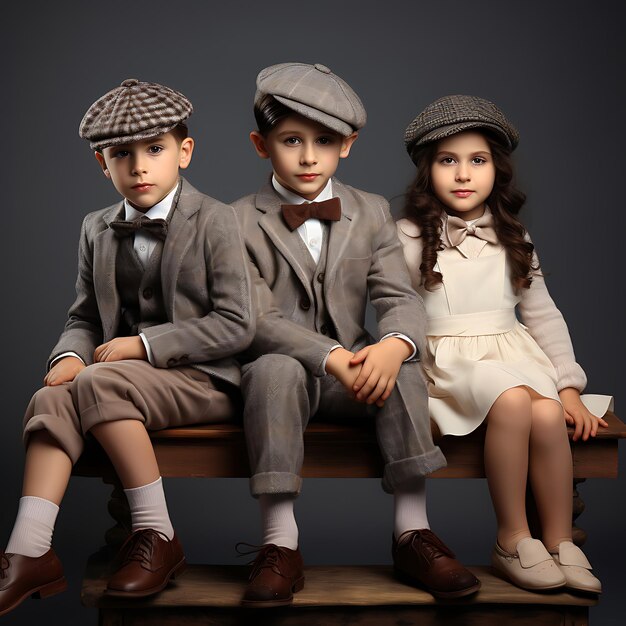 Photo group of children wearing stylish cloth sitting on bench posing isolated over grey studio background