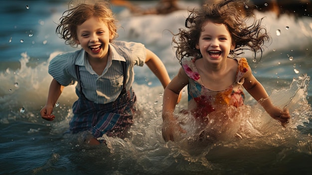 Photo a group of children were having fun playing in the sea