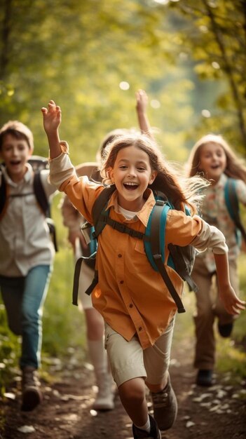 a group of children with backpacks running down a path