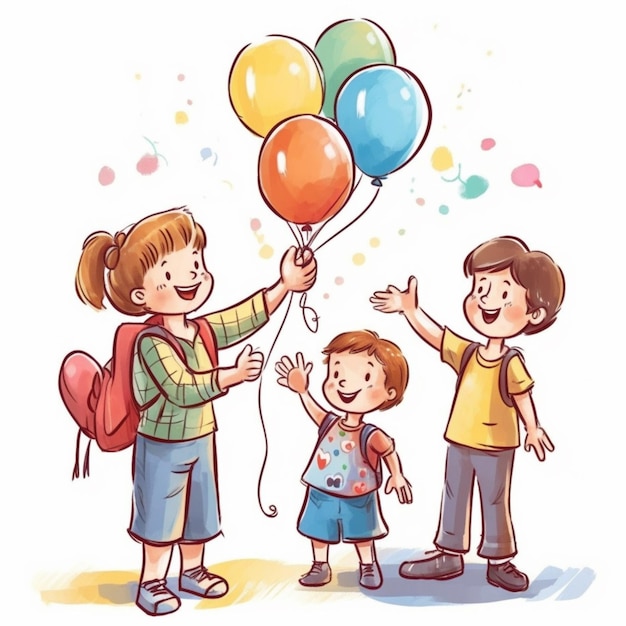 Группа детей с воздушными шарами и рюкзаками стоят вместе.