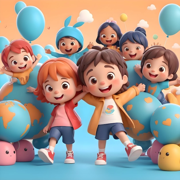 a group of children with balloons and a cartoon character