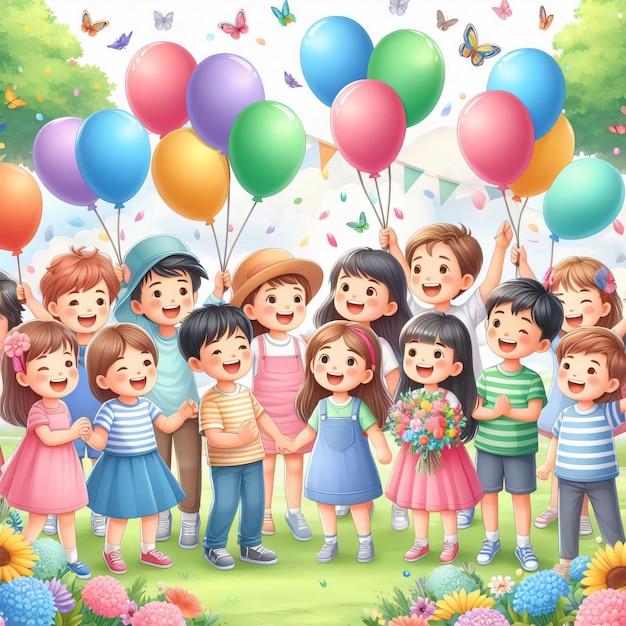 a group of children with balloons and the words quot the little girl quot on the bottom