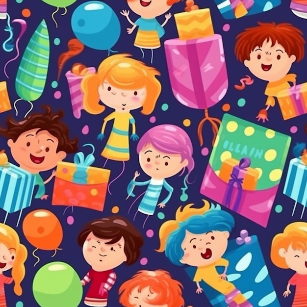 Группа детей с подарками на день рождения и воздушными шарами