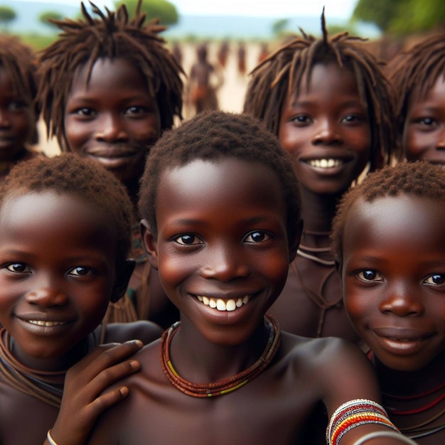 검은 수염과 미소를 가진 아이들의 그룹은 행복하다고 말합니다.