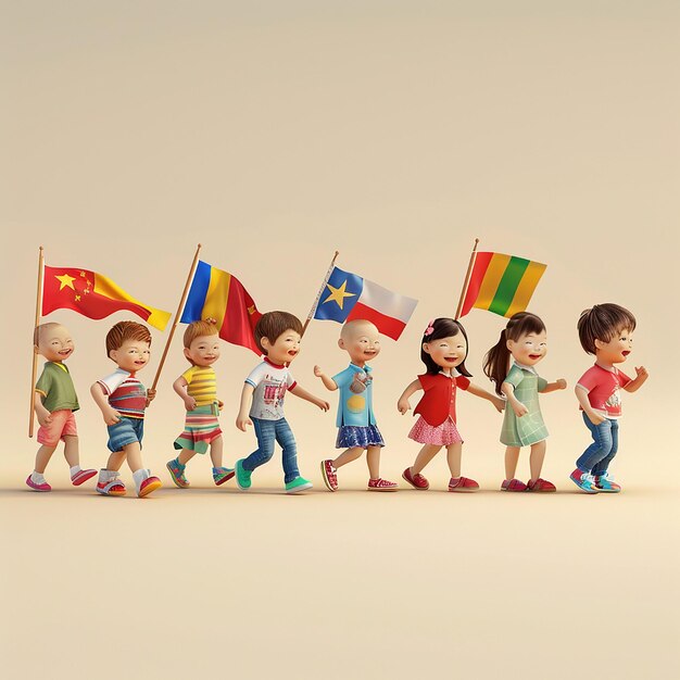 a group of children with different flags and one of them has a red and yellow flag