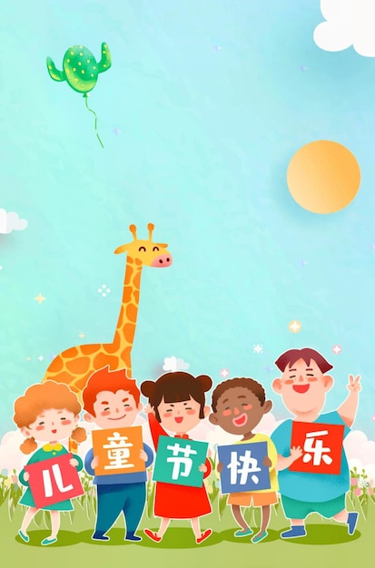 ジラフとジラフを持つ子供たちのグループ