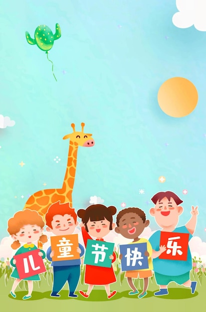 Foto un gruppo di bambini con una giraffa e una giraffa.