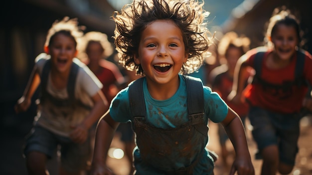 Group of children with joy and energy running