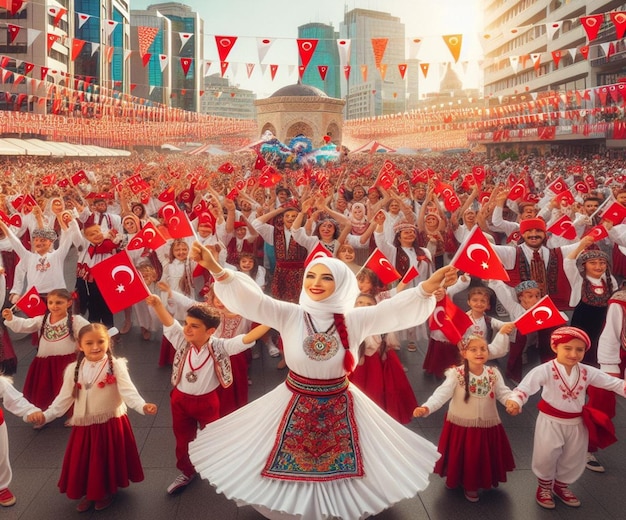 a group of children with national flag and flag in the background