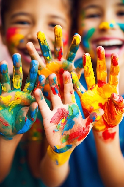 a group of children with their hands painted in bright colors