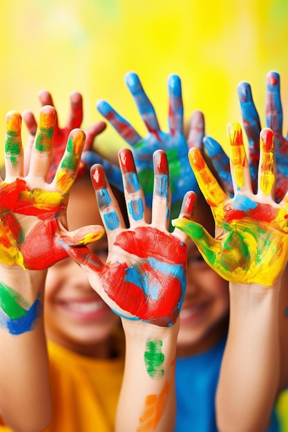 Foto un gruppo di bambini con le mani dipinte con colori vivaci