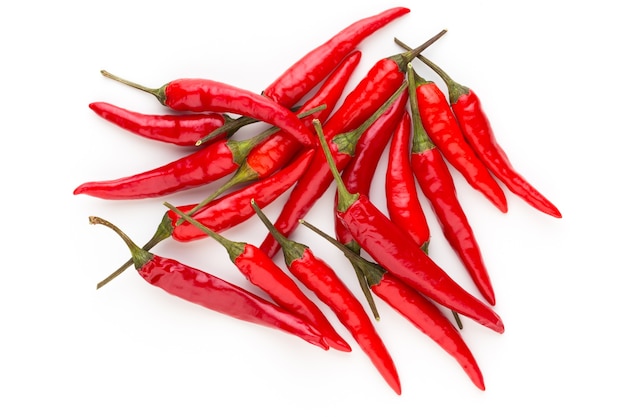 Group of chili peppers isolated on white. top view