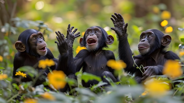 Foto un gruppo di scimpanzé impegnati in comportamenti giocosi nel loro habitat naturale