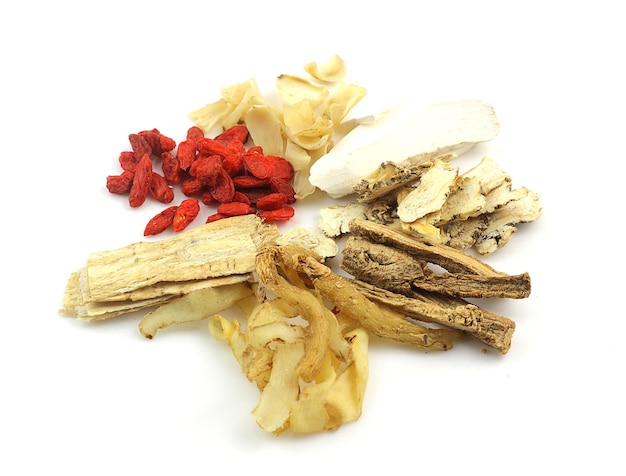 Group of Chinese medicine herbs on white background