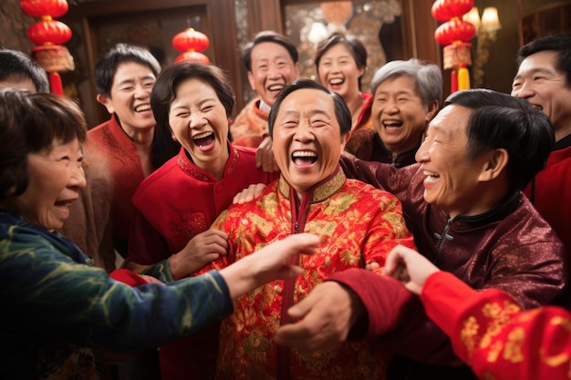 Группа китайцев празднует китайский Новый год в традиционной одежде