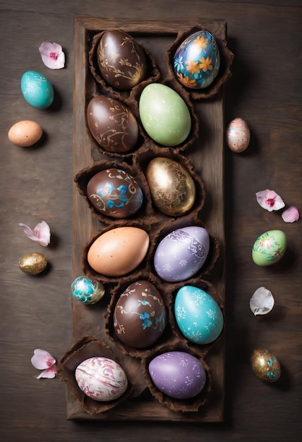 a group of chocolate Easter eggs arranged on a rustic wooden tray