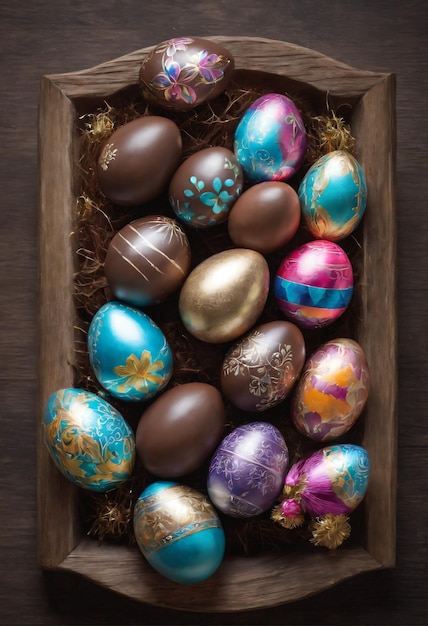 a group of chocolate Easter eggs arranged on a rustic wooden tray