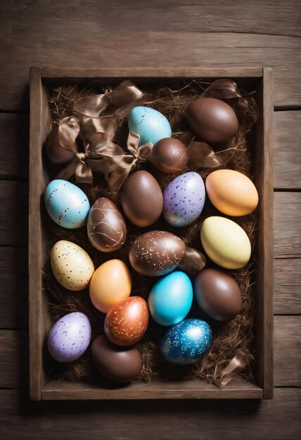 a group of chocolate Easter eggs arranged on a rustic wooden tray