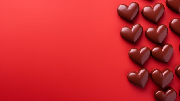 빨간 바탕 에 있는 초콜릿 심장 들 의 그룹
